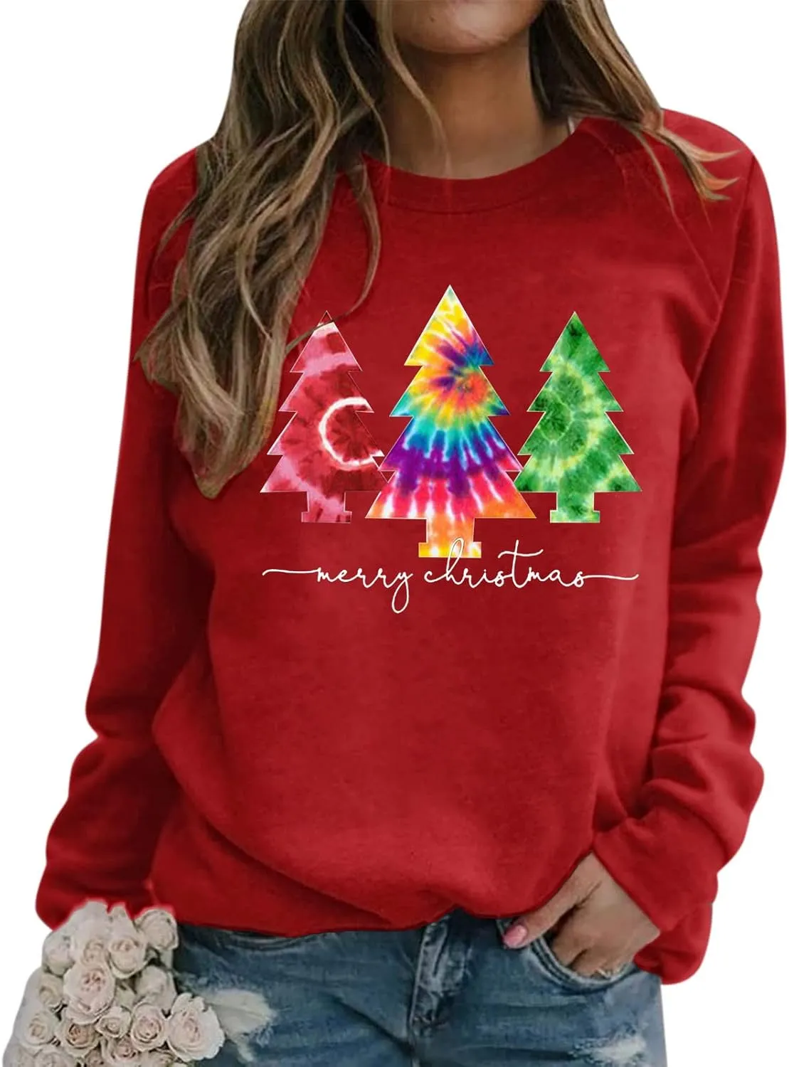 Womens Christmas Print O Neck Sweatshirt Round Neck Fit Pullover Tops Casual Long Sleeve Workout Shirts Loose
