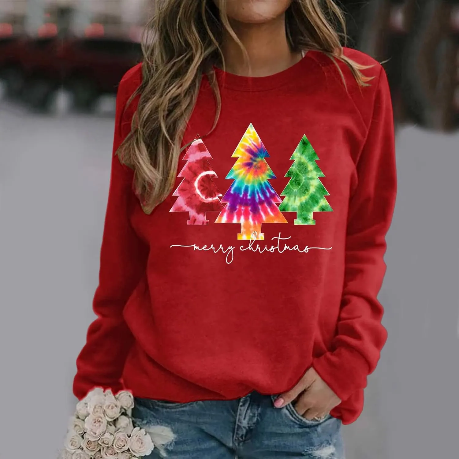 Womens Christmas Print O Neck Sweatshirt Round Neck Fit Pullover Tops Casual Long Sleeve Workout Shirts Loose