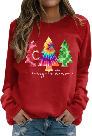 Womens Christmas Print O Neck Sweatshirt Round Neck Fit Pullover Tops Casual Long Sleeve Workout Shirts Loose