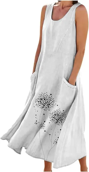 Women's Cotton Linen Dress Folral Printed Sleeveless Round Neck Long Dress Casual Loose Beach Tank Sundress