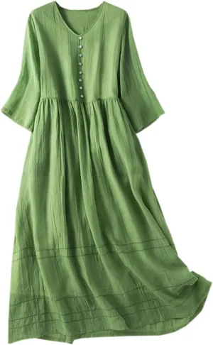 Women's Cotton Linen Gauze Long Dress Summer High Waist Flowy Midi Dress Half Sleeve Button Down Swing Dresses