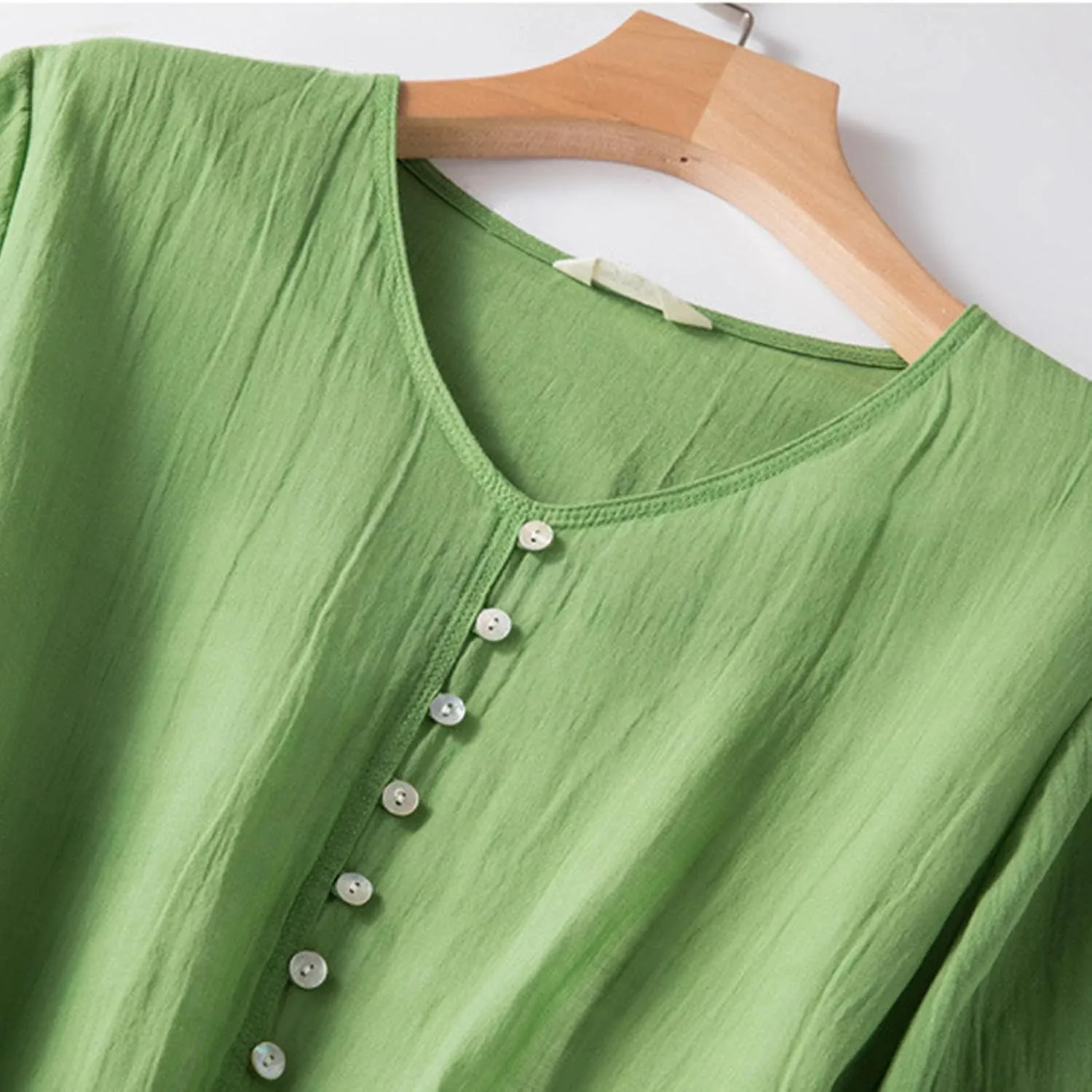 Women's Cotton Linen Gauze Long Dress Summer High Waist Flowy Midi Dress Half Sleeve Button Down Swing Dresses