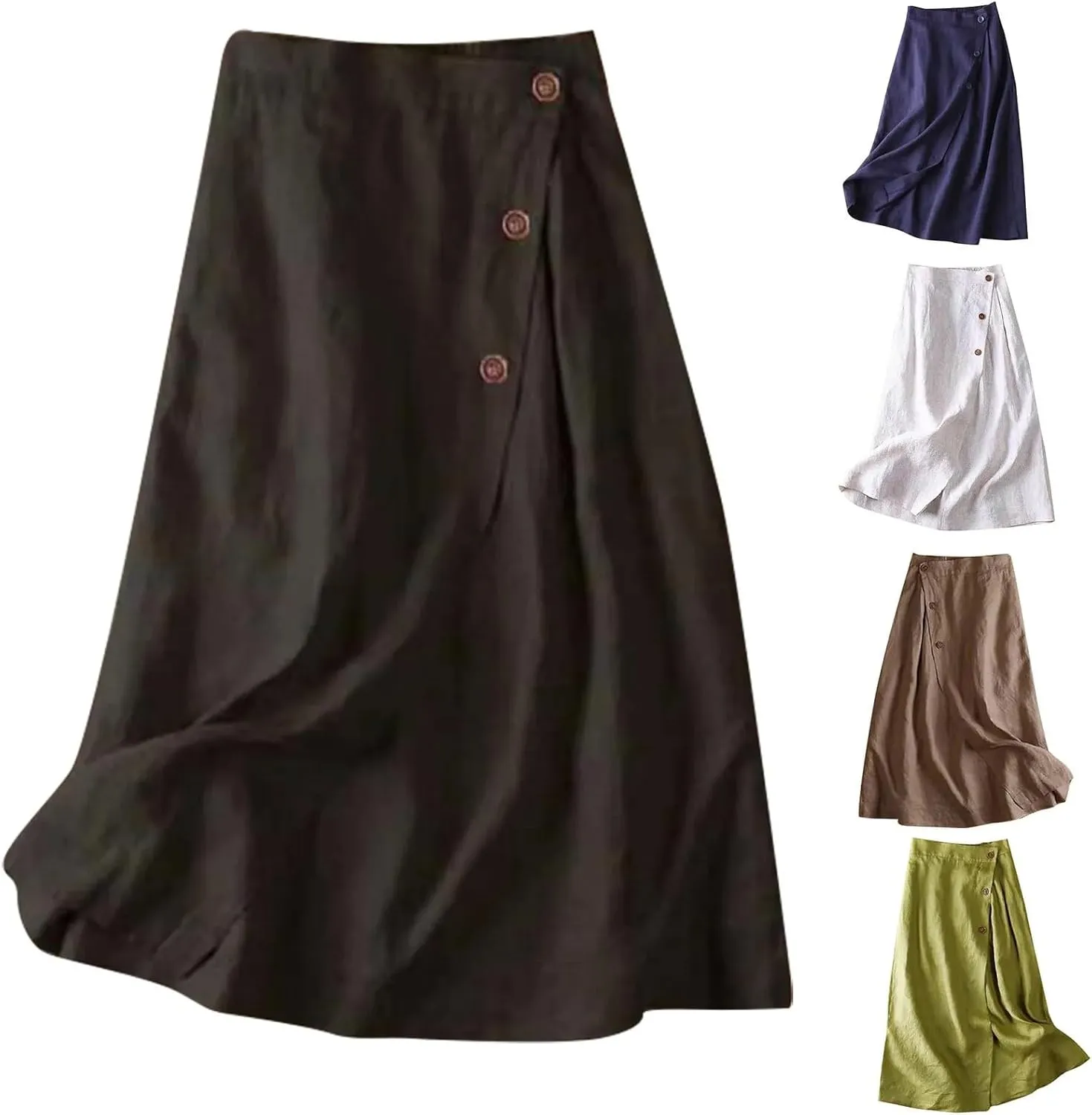 Women's Cotton Linen Loose Fit Swing Skirt - Midi Length Button Front Elegant for Office Daily