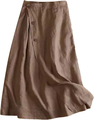 Women's Cotton Linen Loose Fit Swing Skirt - Midi Length Button Front Elegant for Office Daily