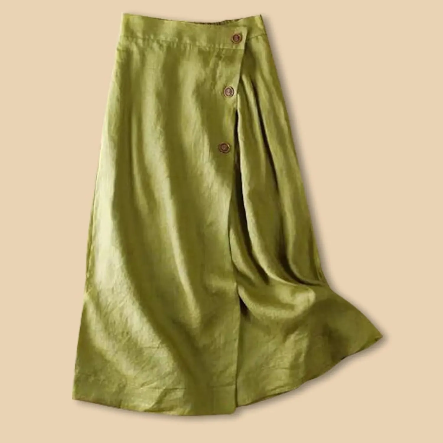 Women's Cotton Linen Loose Fit Swing Skirt - Midi Length Button Front Elegant for Office Daily