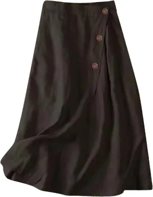Women's Cotton Linen Loose Fit Swing Skirt - Midi Length Button Front Elegant for Office Daily