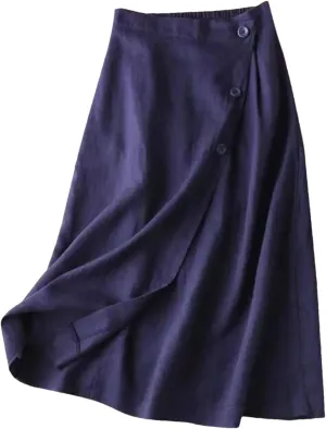 Women's Cotton Linen Loose Fit Swing Skirt - Midi Length Button Front Elegant for Office Daily