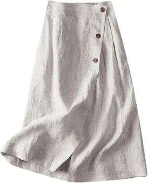 Women's Cotton Linen Loose Fit Swing Skirt - Midi Length Button Front Elegant for Office Daily