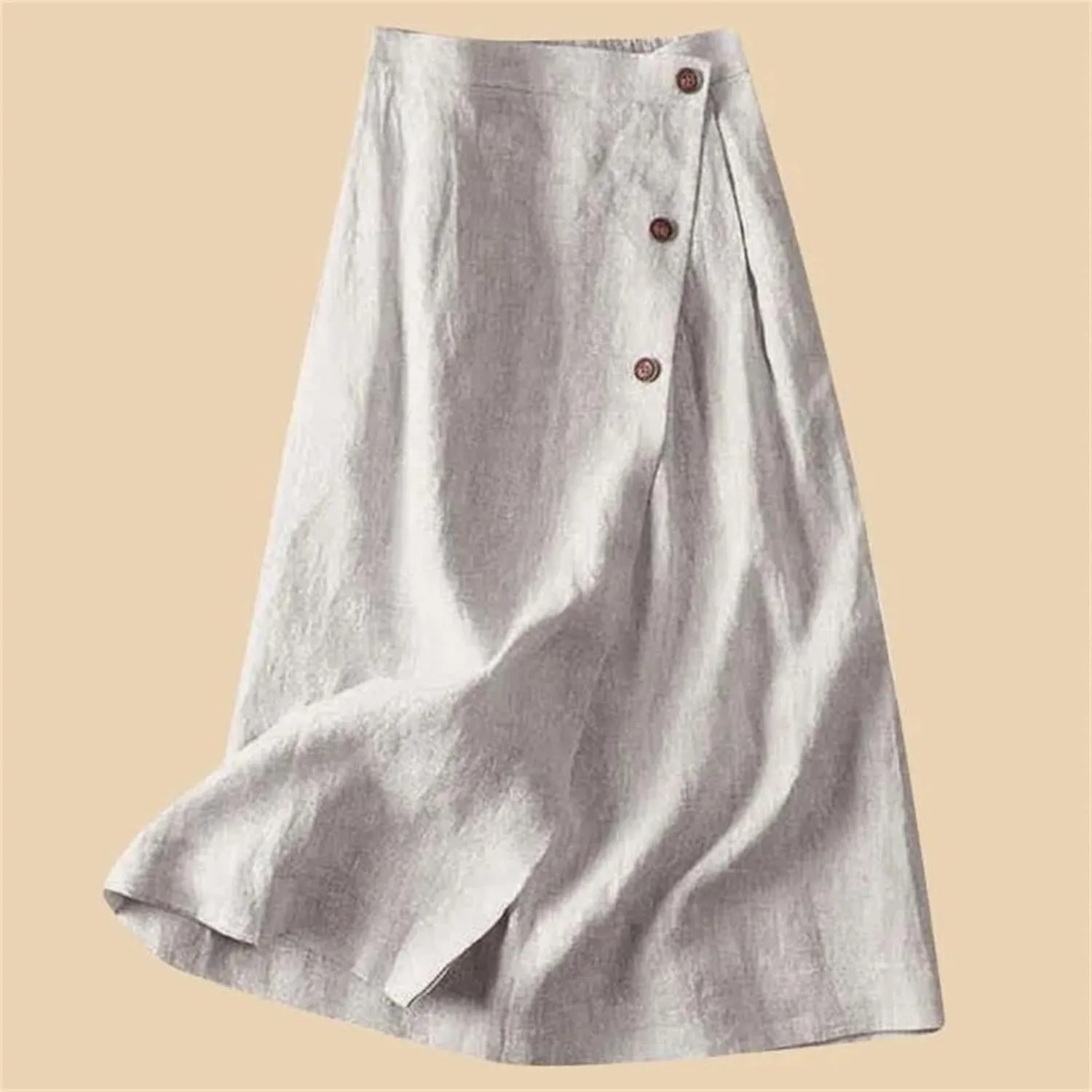 Women's Cotton Linen Loose Fit Swing Skirt - Midi Length Button Front Elegant for Office Daily