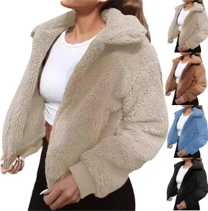 Women's Cropped Sherpa Jackets Winter Zip Up Lapel Fleece Warm Fuzzy Long Sleeve Coats Fuffy Plush Thermal Outwear
