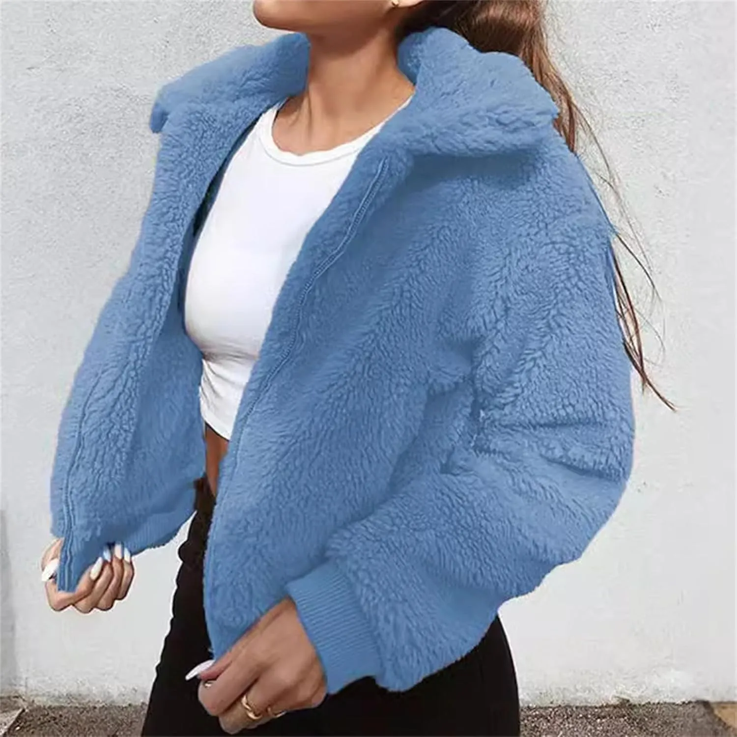 Women's Cropped Sherpa Jackets Winter Zip Up Lapel Fleece Warm Fuzzy Long Sleeve Coats Fuffy Plush Thermal Outwear