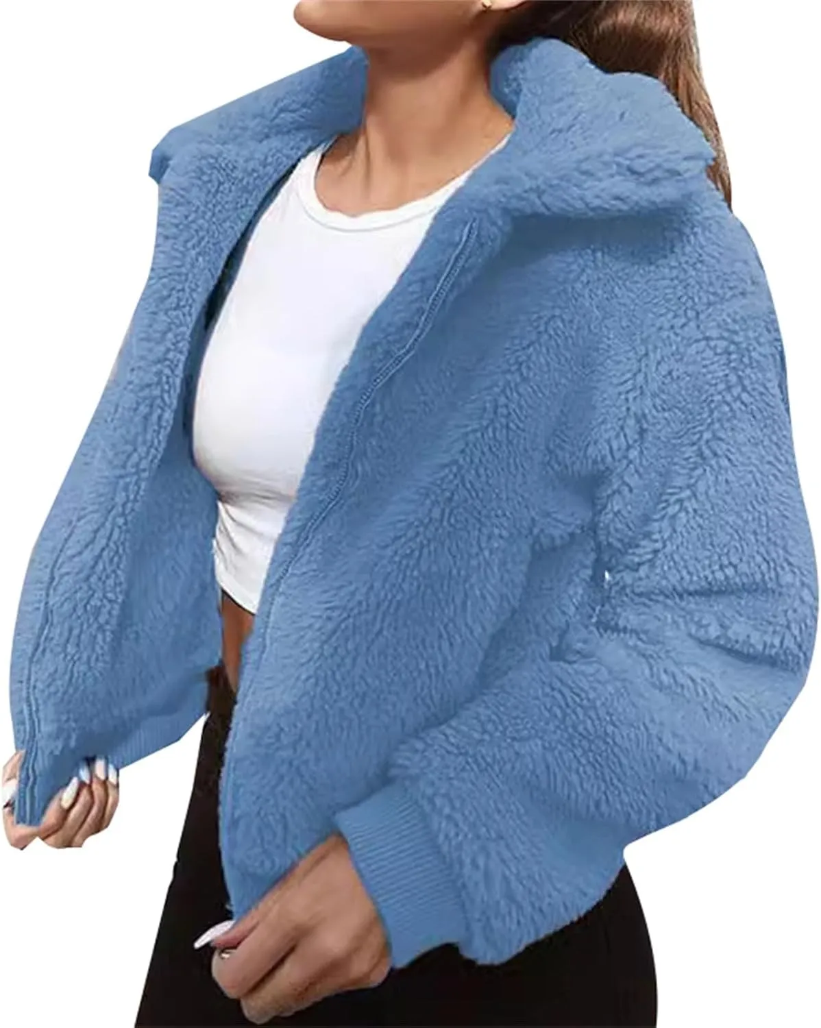 Women's Cropped Sherpa Jackets Winter Zip Up Lapel Fleece Warm Fuzzy Long Sleeve Coats Fuffy Plush Thermal Outwear