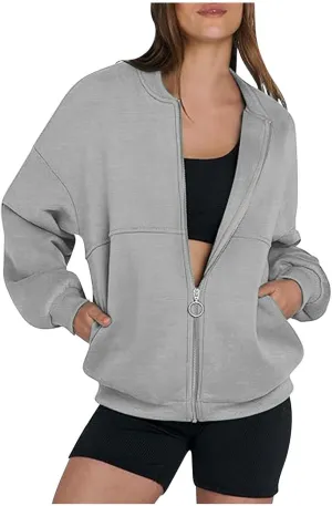 Womens Cropped Zip Up Hoodies Jackets Cardigan Sweatshirts Long Sleeve Casual Loose Fit Outwear with Pockets