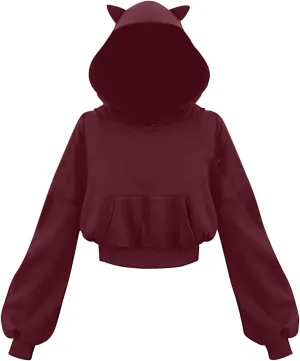 Women's Cute Ear Hoodies Sweatshirts Dark Gothic Clothes Sexy Bandage Crop Hooded Pullover Long Sleeve Hoodie Sweater