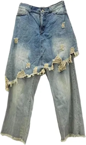 Women's Denim Pants Broken Holes Fake 2 Piece Burrs Edge Female Patchwork Skirts Jeans