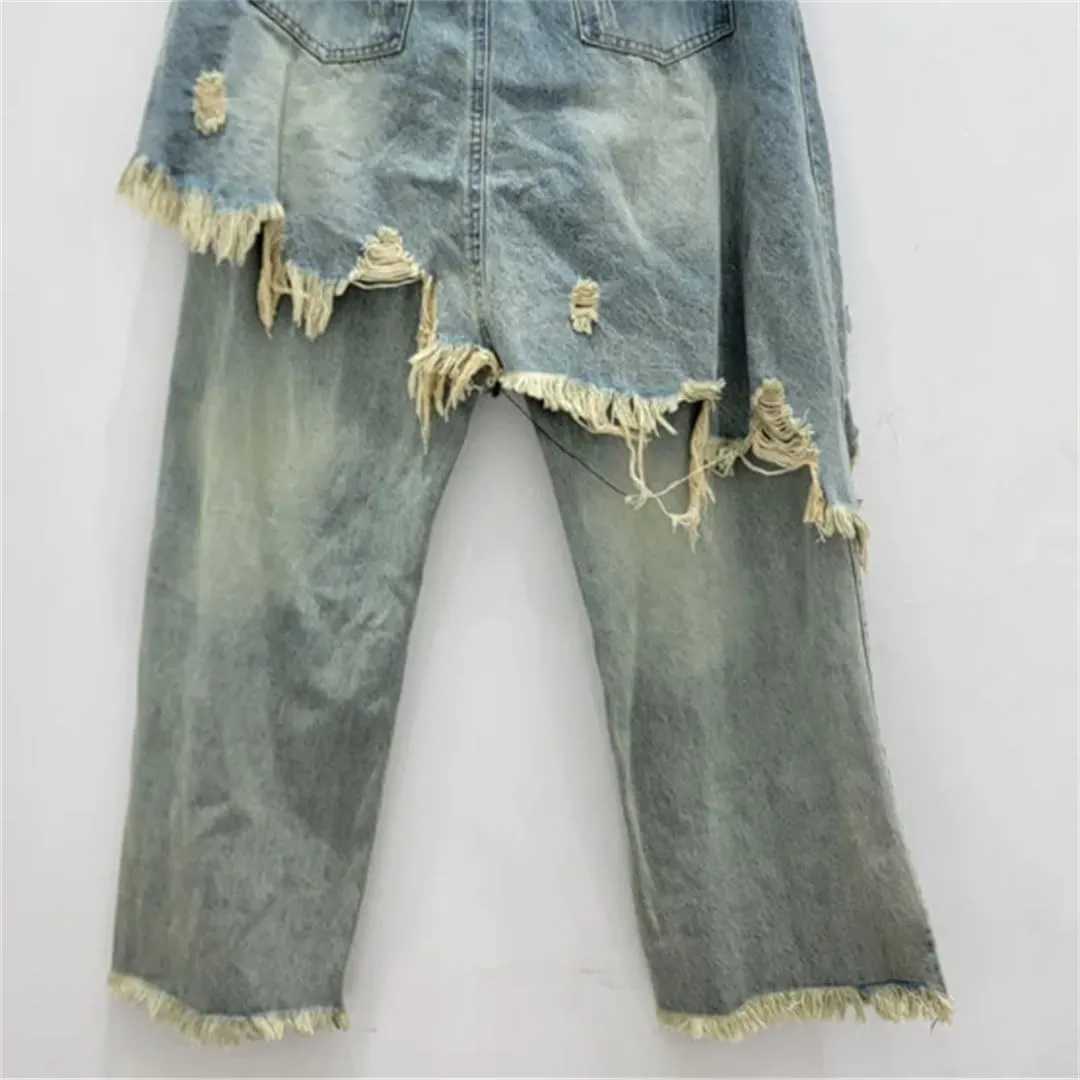 Women's Denim Pants Broken Holes Fake 2 Piece Burrs Edge Female Patchwork Skirts Jeans