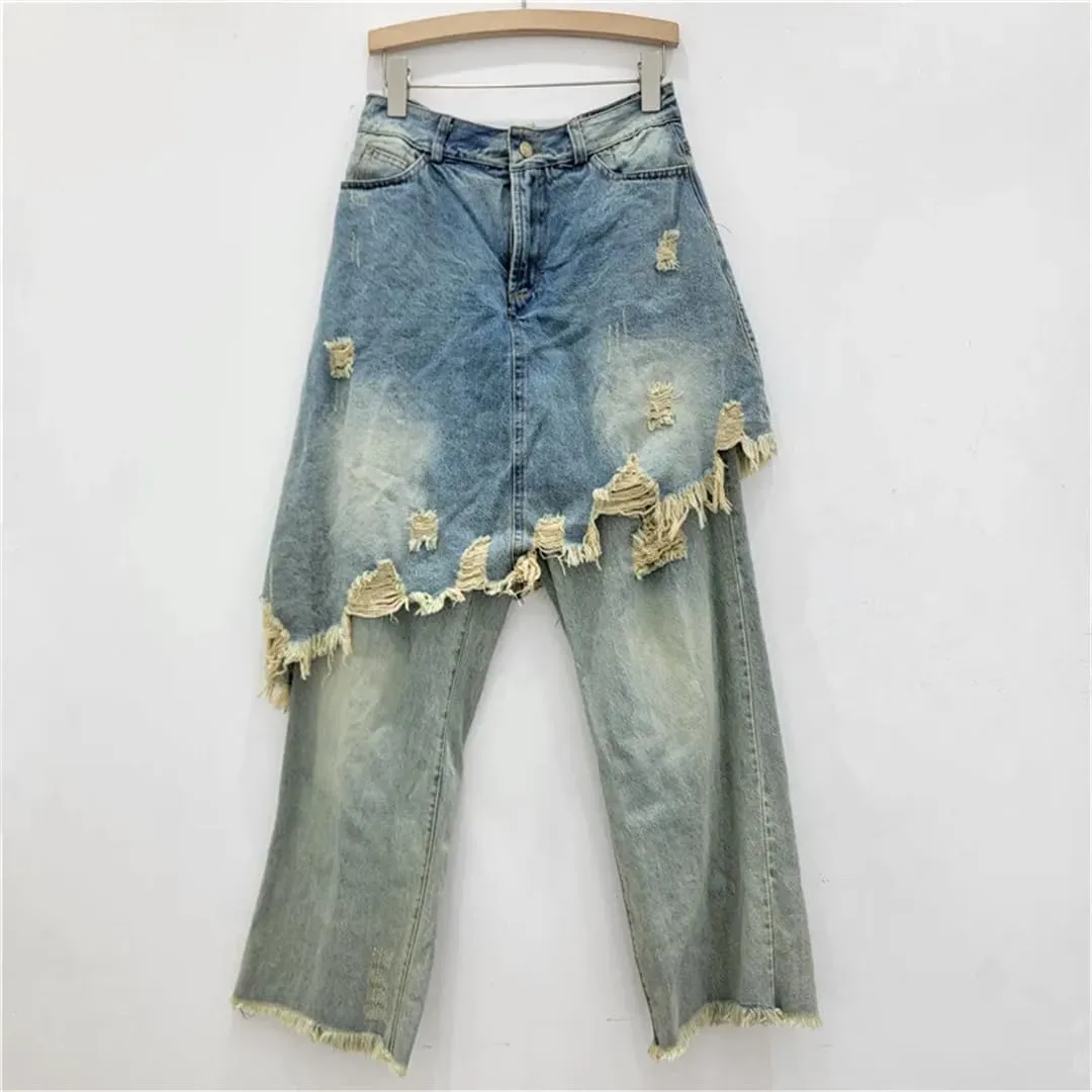 Women's Denim Pants Broken Holes Fake 2 Piece Burrs Edge Female Patchwork Skirts Jeans