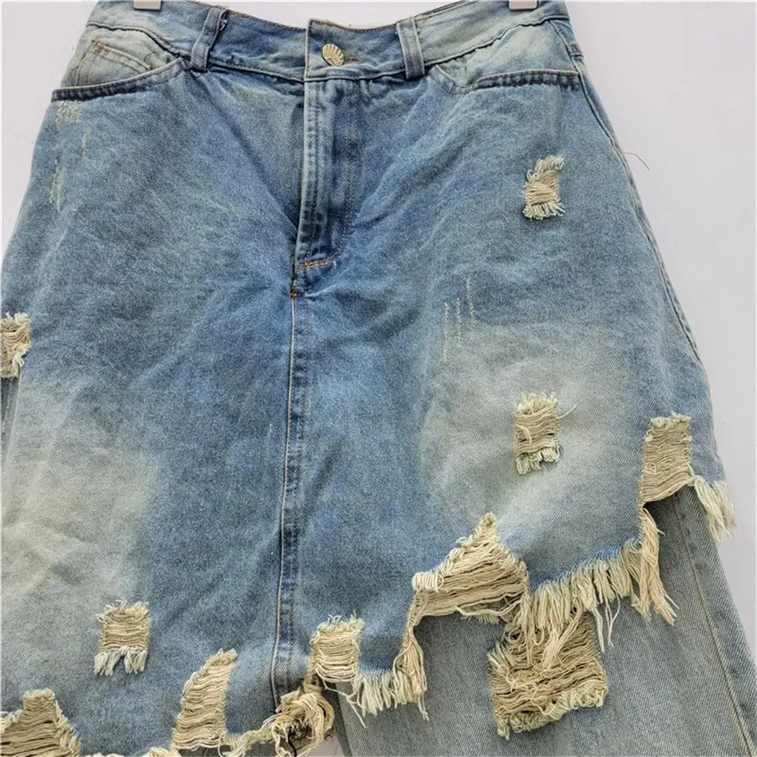 Women's Denim Pants Broken Holes Fake 2 Piece Burrs Edge Female Patchwork Skirts Jeans