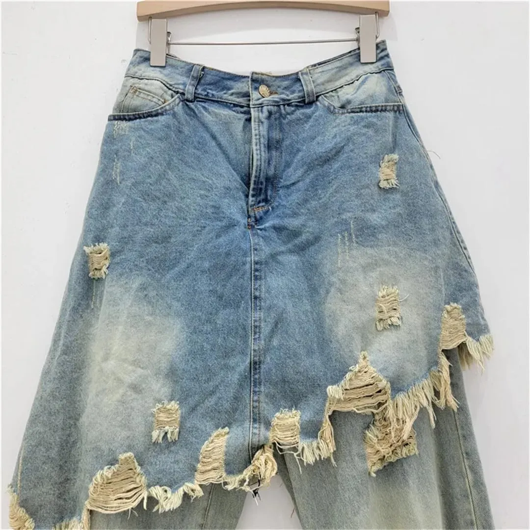 Women's Denim Pants Broken Holes Fake 2 Piece Burrs Edge Female Patchwork Skirts Jeans