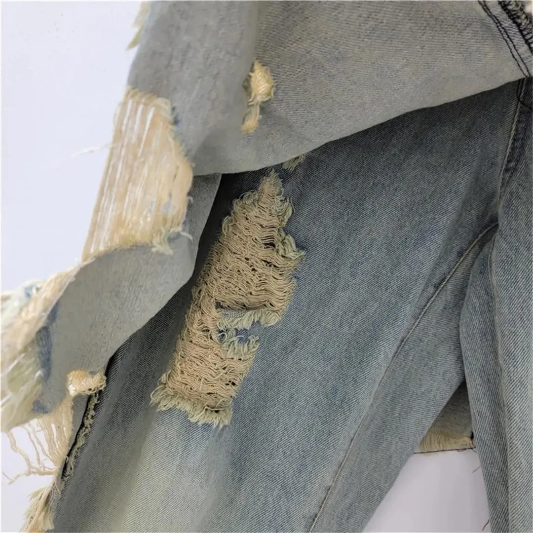 Women's Denim Pants Broken Holes Fake 2 Piece Burrs Edge Female Patchwork Skirts Jeans