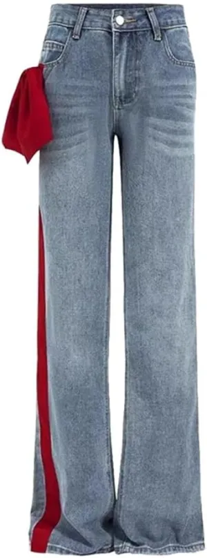 Women's Denim Pants Patchwork Big Bow Straight Full Length Washed Blue Female Causal Stretch Jeans