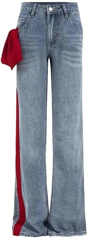 Women's Denim Pants Patchwork Big Bow Straight Full Length Washed Blue Female Causal Stretch Jeans