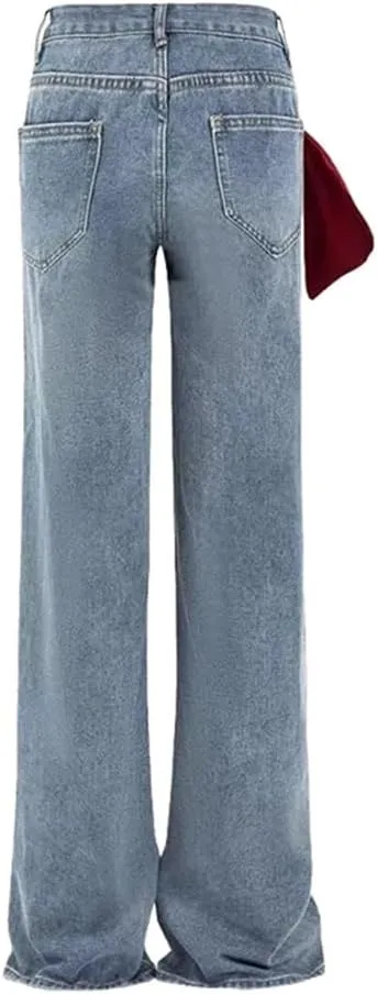 Women's Denim Pants Patchwork Big Bow Straight Full Length Washed Blue Female Causal Stretch Jeans