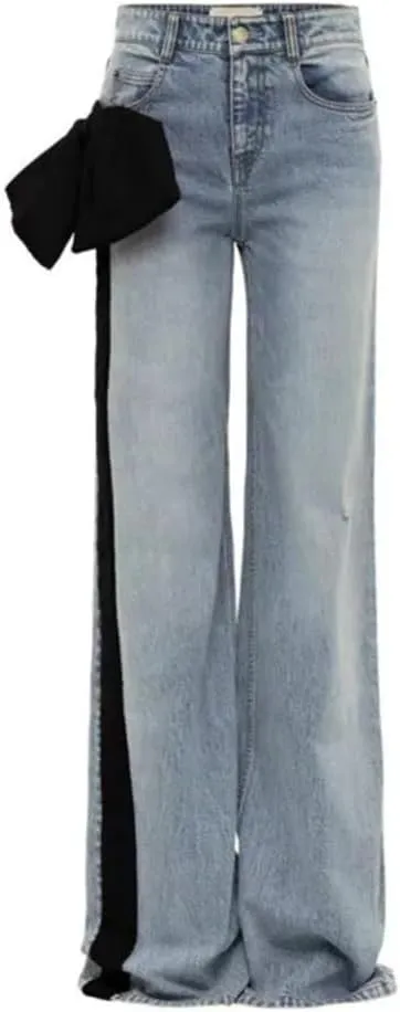Women's Denim Pants Patchwork Big Bow Straight Full Length Washed Blue Female Causal Stretch Jeans