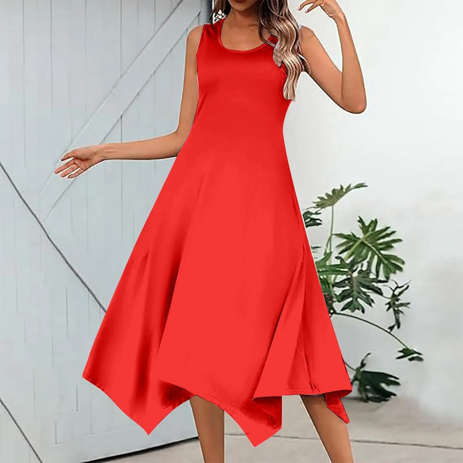 Womens Dress Comfy Cute Scoop Neck Sleeveless Elastic Waist A-Line Flowy Swing Long Dress Church Fitted Sundresses