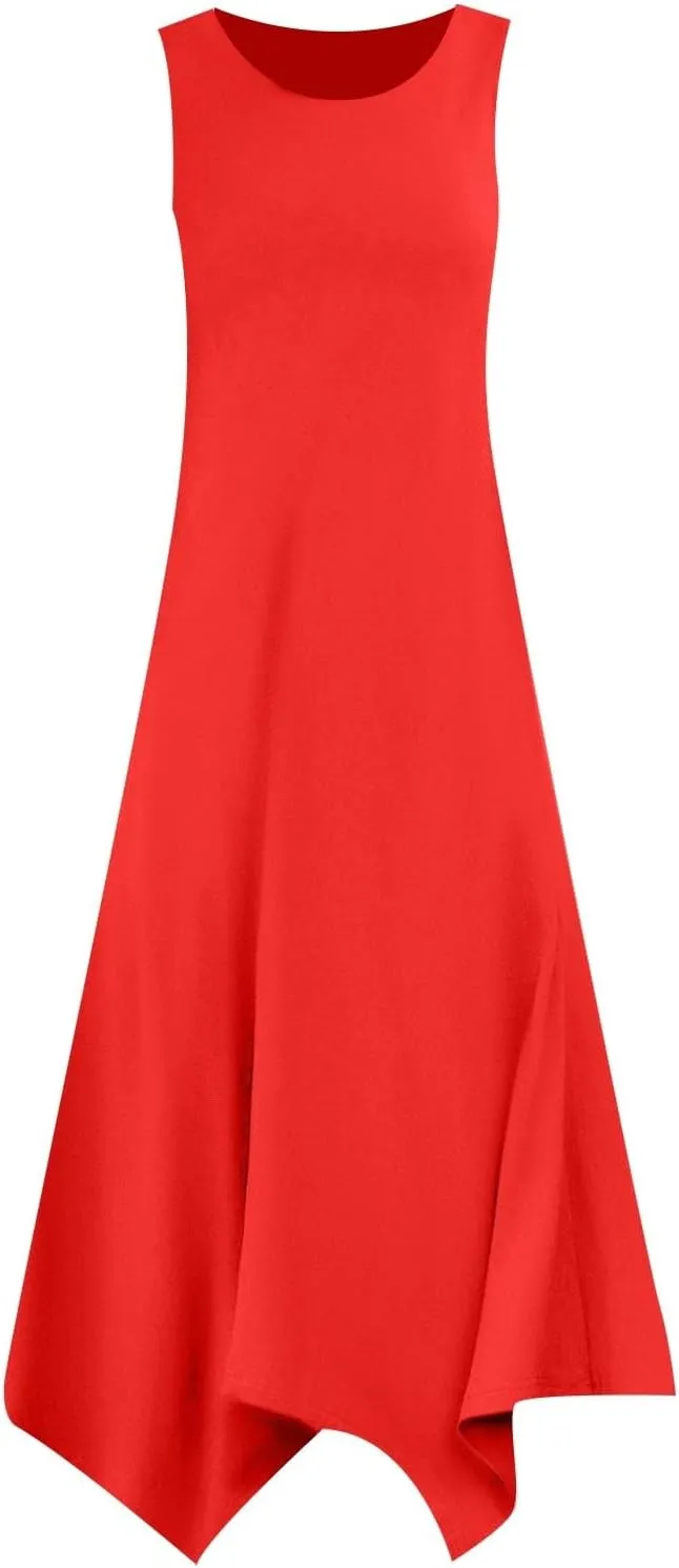 Womens Dress Comfy Cute Scoop Neck Sleeveless Elastic Waist A-Line Flowy Swing Long Dress Church Fitted Sundresses