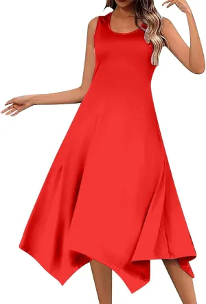 Womens Dress Comfy Cute Scoop Neck Sleeveless Elastic Waist A-Line Flowy Swing Long Dress Church Fitted Sundresses