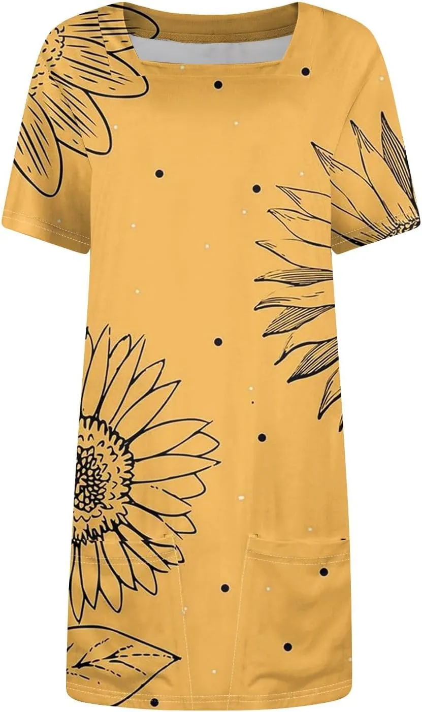 Women's Dresses Summer Square Neck Mini Dress Party Short Sleeve Flowy T-Shirt Dress for Women Cotton with Pockets