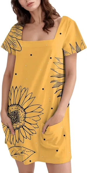 Women's Dresses Summer Square Neck Mini Dress Party Short Sleeve Flowy T-Shirt Dress for Women Cotton with Pockets