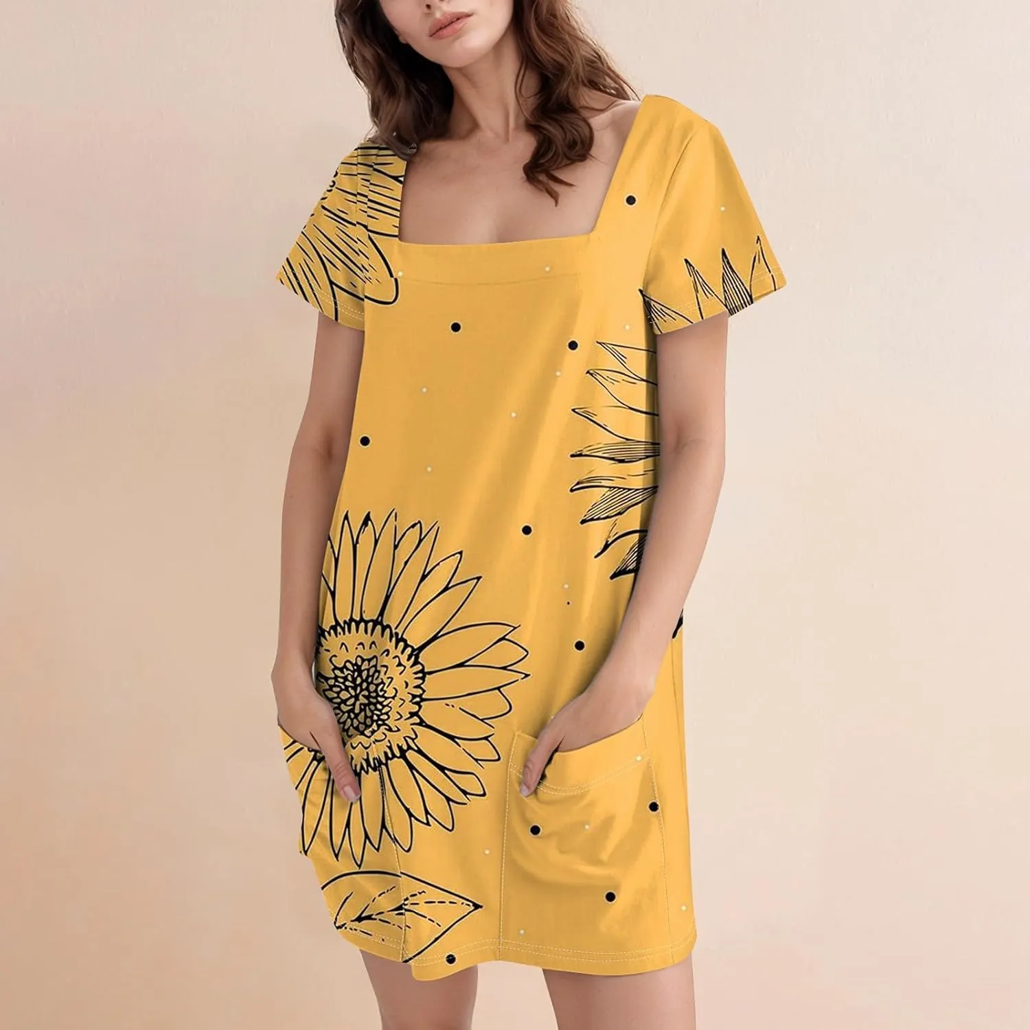Women's Dresses Summer Square Neck Mini Dress Party Short Sleeve Flowy T-Shirt Dress for Women Cotton with Pockets