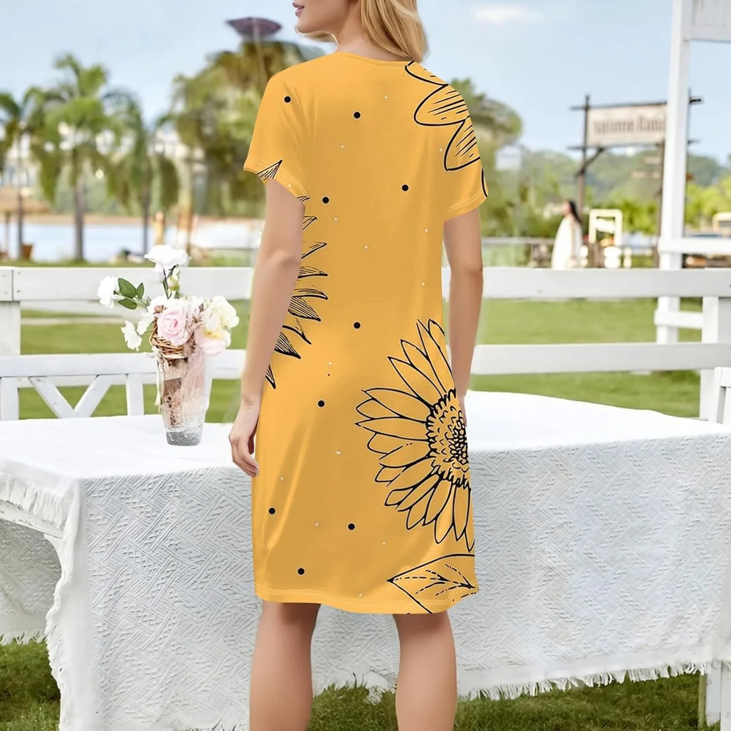 Women's Dresses Summer Square Neck Mini Dress Party Short Sleeve Flowy T-Shirt Dress for Women Cotton with Pockets