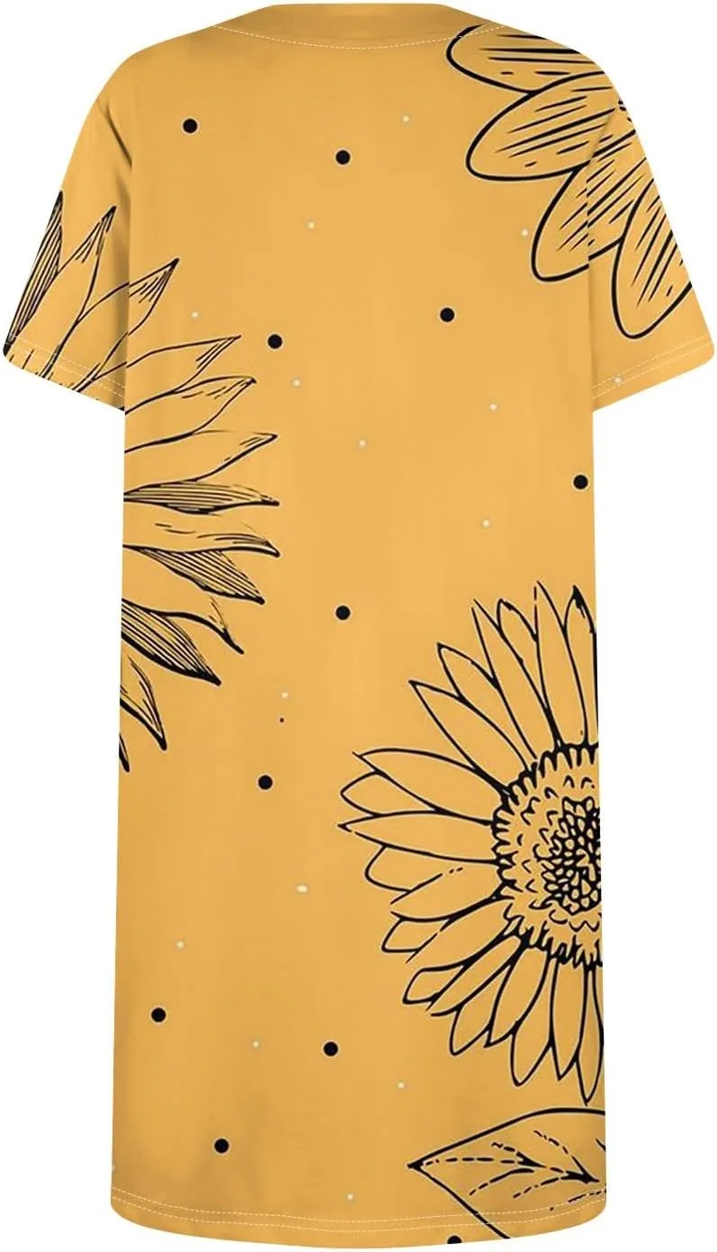 Women's Dresses Summer Square Neck Mini Dress Party Short Sleeve Flowy T-Shirt Dress for Women Cotton with Pockets