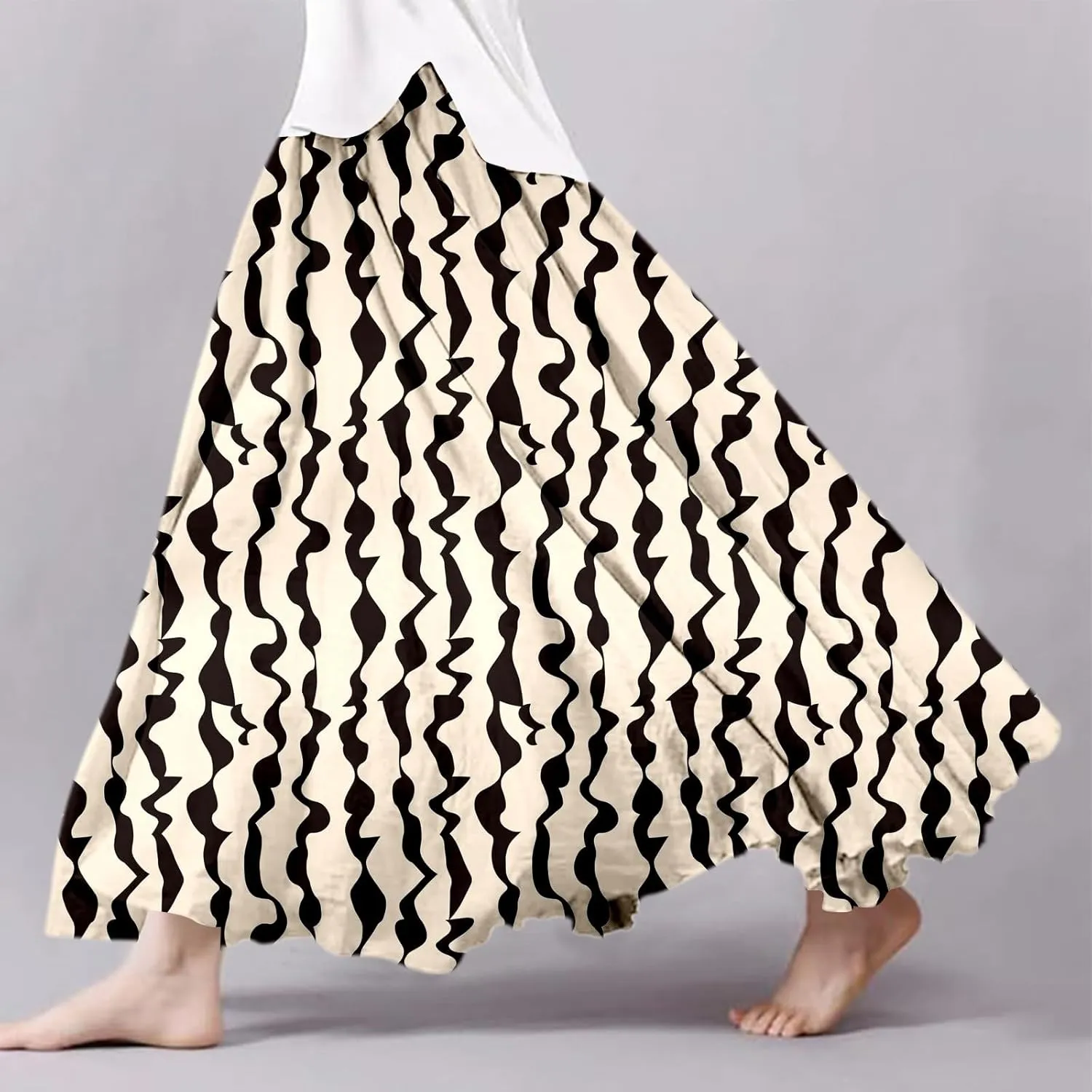 Women's Elastic High Waist Retro Pleated A-Line Flared Maxi Skirt Casual Beach Vacation Floral Boho Flowy Dress