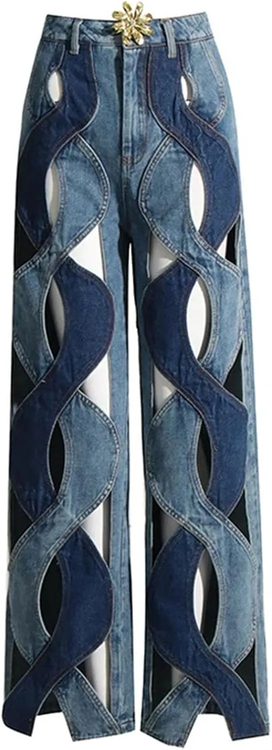 Womens Floral Patchwork Jeans - Hollow Out & High Waist