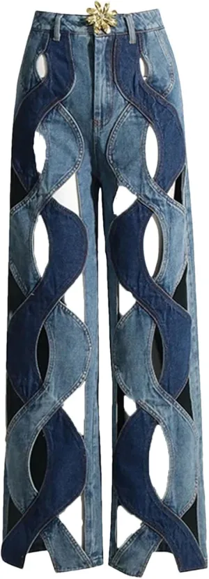 Womens Floral Patchwork Jeans - Hollow Out & High Waist