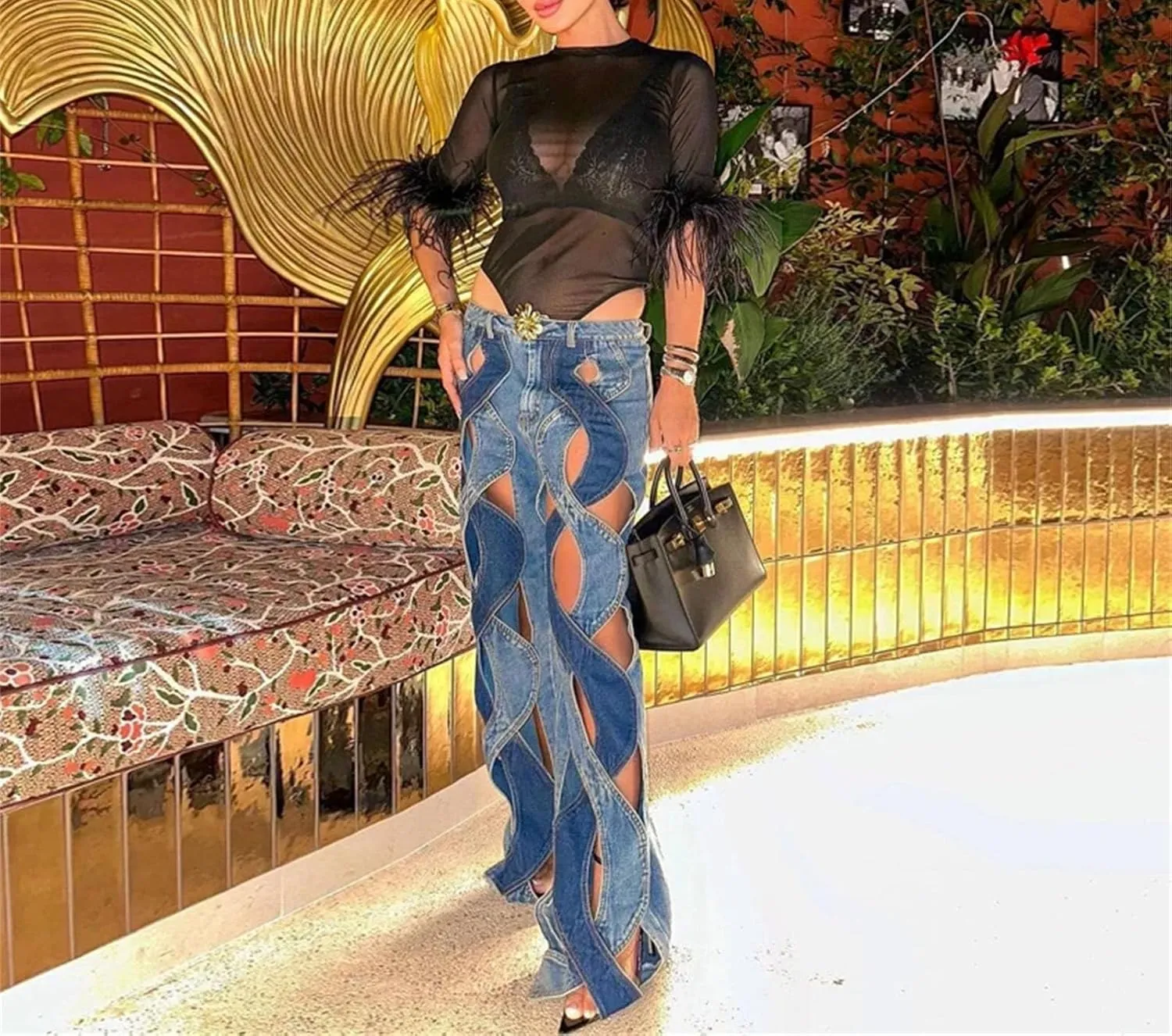 Womens Floral Patchwork Jeans - Hollow Out & High Waist