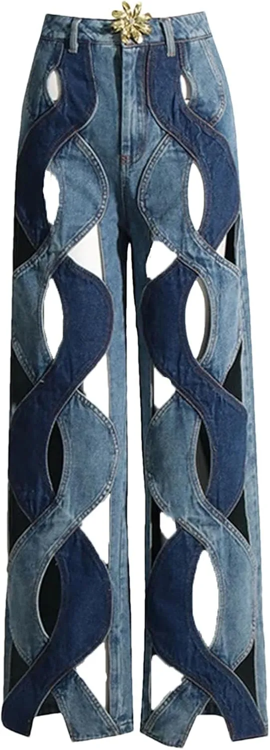 Womens Floral Patchwork Jeans - Hollow Out & High Waist