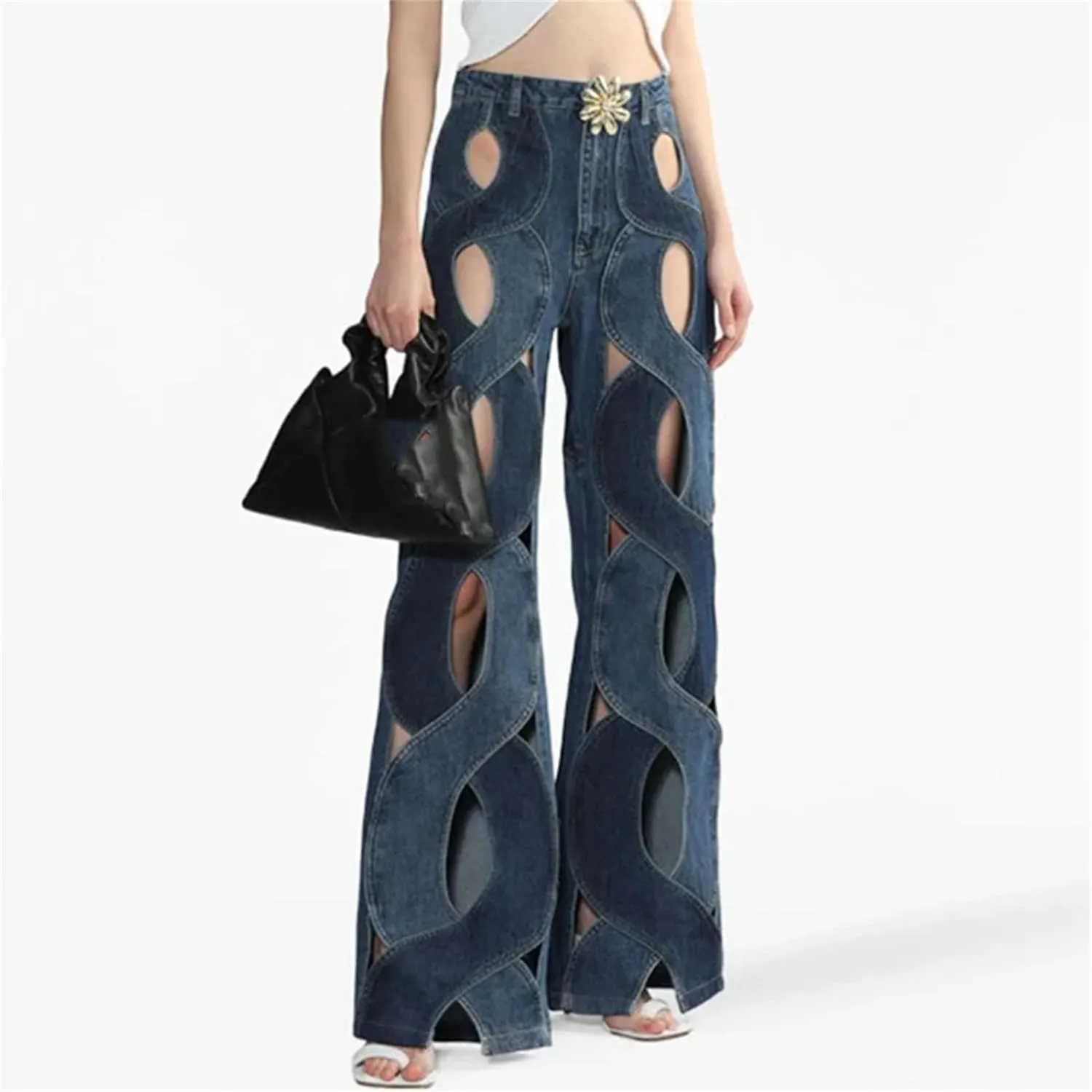 Womens Floral Patchwork Jeans - Hollow Out & High Waist