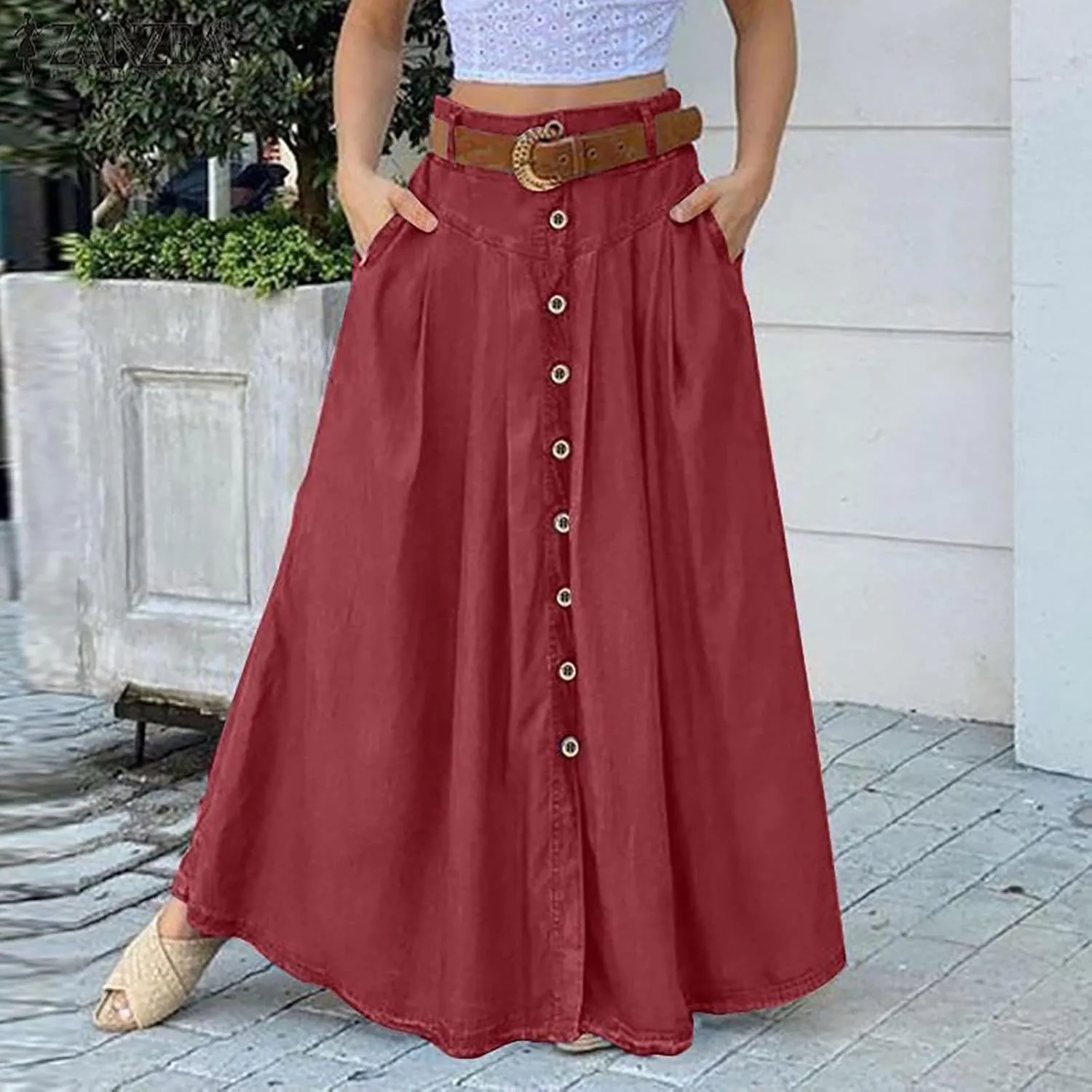 Womens Flowy Long Boho Floral Maxi Skirt Elastic High Waist Tiered Pleated Summer Casual Beach Skirt
