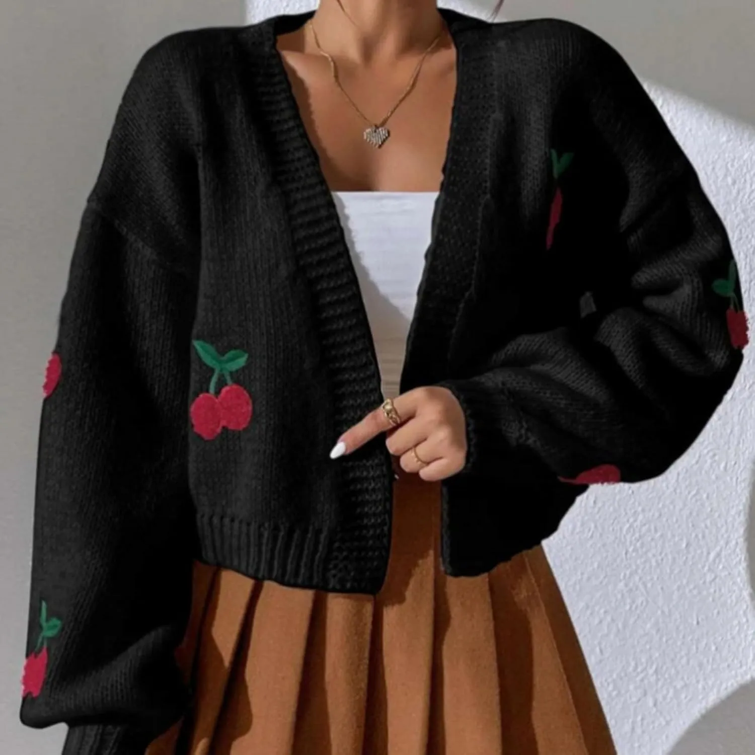 Women's Graphic Cherry Cardigan Open Front Cable Knit Lantern Sleeve Cropped Cardigan Sweater