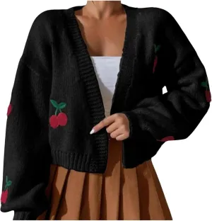 Women's Graphic Cherry Cardigan Open Front Cable Knit Lantern Sleeve Cropped Cardigan Sweater
