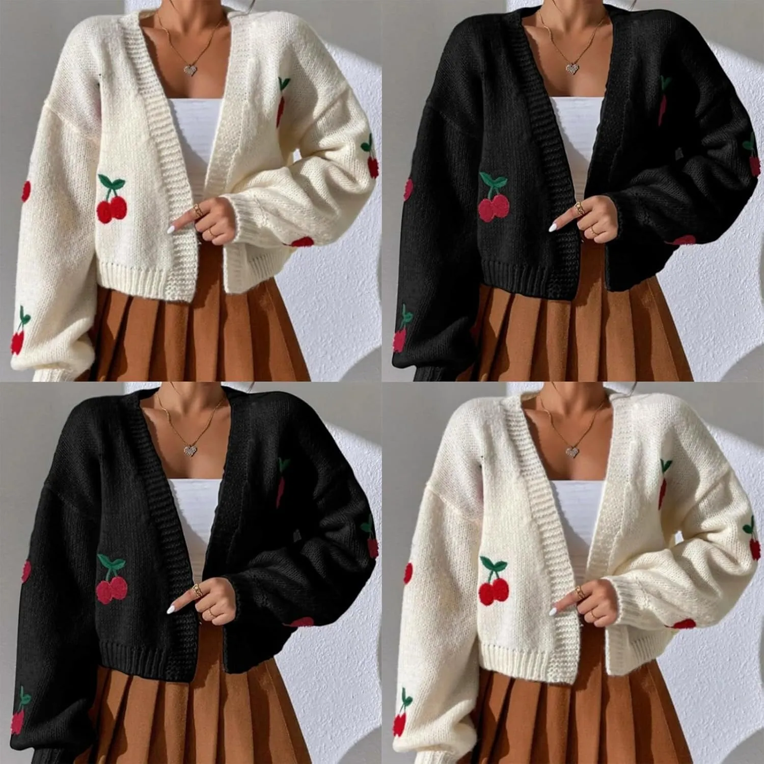 Women's Graphic Cherry Cardigan Open Front Cable Knit Lantern Sleeve Cropped Cardigan Sweater