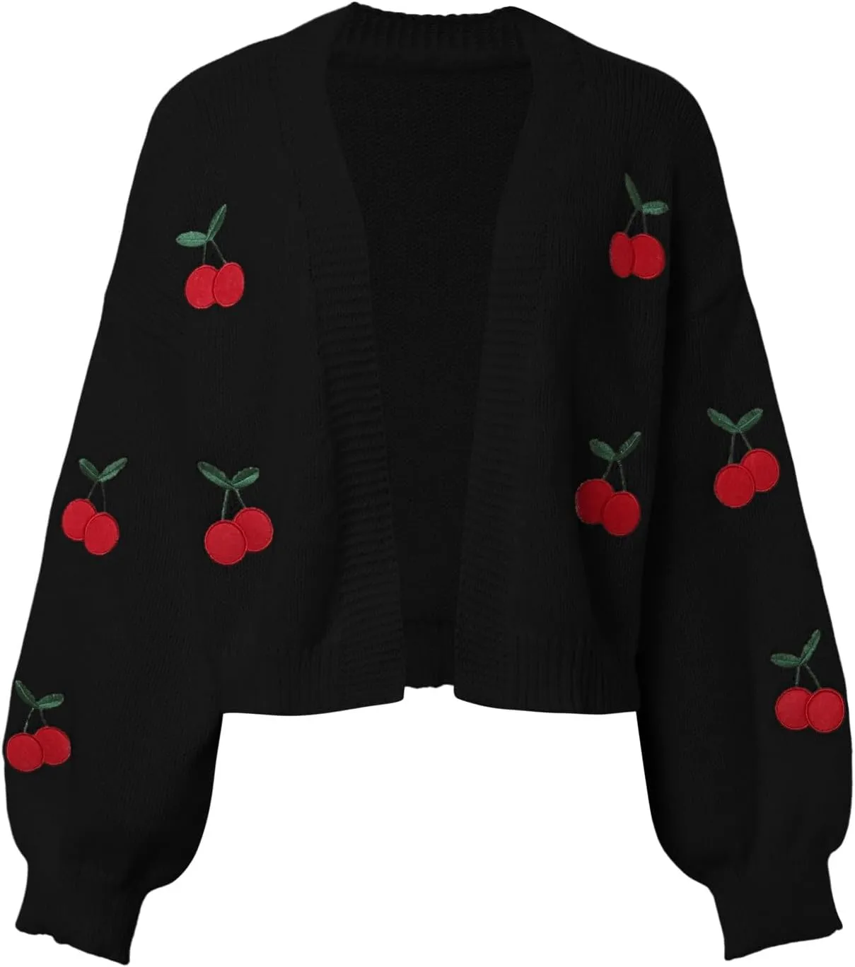 Women's Graphic Cherry Cardigan Open Front Cable Knit Lantern Sleeve Cropped Cardigan Sweater