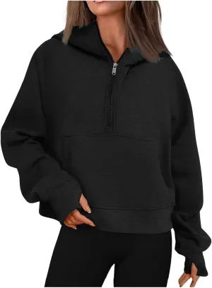 Womens Half Zip Pullovers Casual Long Sleeve Pullover Sweatshirt Thumb Hole Cropped Sweatshirts with Pocket