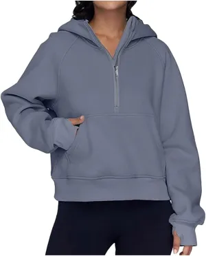 Womens Half Zipper Sweatshirts Oversized Solid Hoodies Casual Comfy Long Sleeve Pullovers with Pockets Fall Outerwear