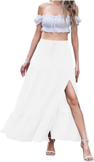 Women's High Elastic Waist Ruffle Tiered High Split Drawstring Flowy Vacation Beach Summer A-Line Maxi Skirt